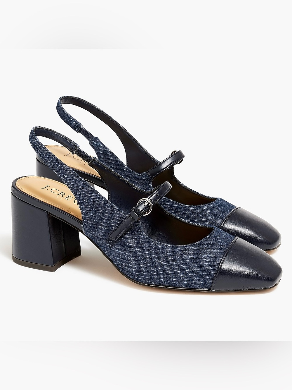 $148 J.Crew Factory Navy Blue Denim Mary Jane Slingback Block Heels Size 7